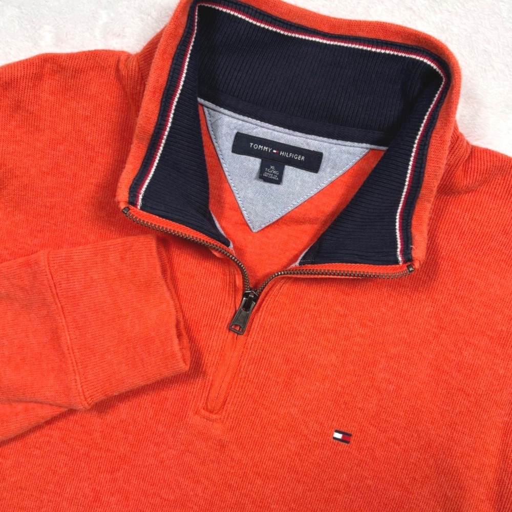 Tommy Hilfiger 1/4 Zip Sweater Men XL Orange Flag Logo Long Slv Preppy Halloween